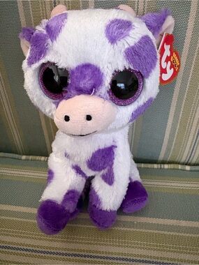 Ty Purple and White Beanie Boo Plush Cow with Sparkly Eyes